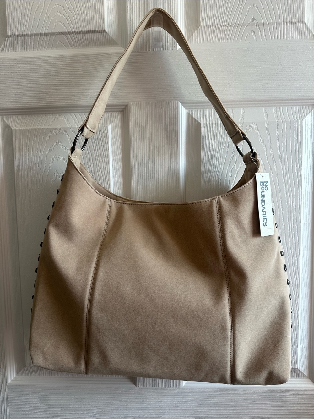 No Boundaries Taupe Shoulder Hobo Bag with Stud Accents 18” New